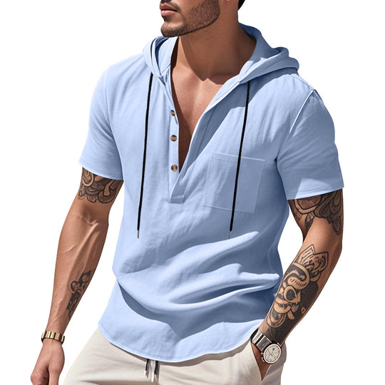 Herren nan legere Kurzarm-Kapuzen-Henley aus Single-Jersey mit Brusttasche und Kontrastkordel EB