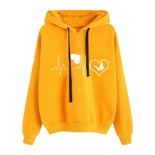 Damen nan leichter Oversize Kapuzenpullover mit Herz‑EKG‑Motiv, langen Kordeln und elastischem Bund EB
