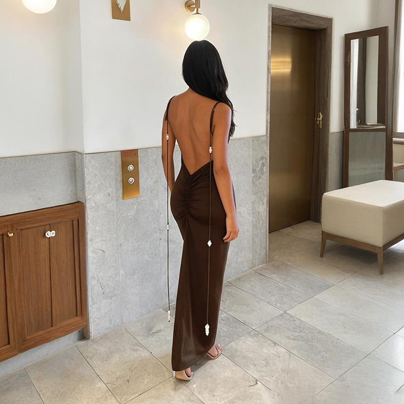 Damen Körperbetontes Maxikleid mit tiefem Rückenausschnitt und Rüschendetails EB