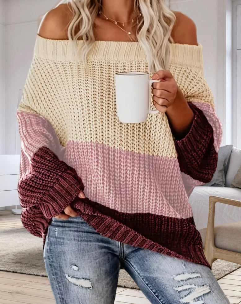 Damen Lässiger Overzise-Strickpullover mit Off-Shoulder-Ausschnitt und angesagtem Farbblockdesign EB