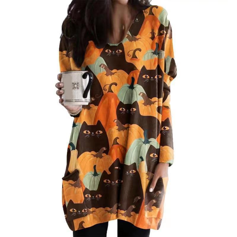 Damen Oversized Grafik Katze und Kürbis Tunika Kleid Heidi-Mode