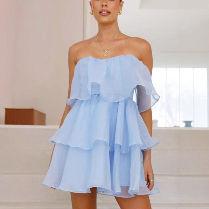 Damen luftiger Trendkleid mit Volant und schulterfreiem Design EB
