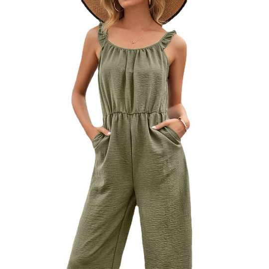 Damen luftiger Jumpsuit mit Rüschensäumen und tailliertem Bund EB