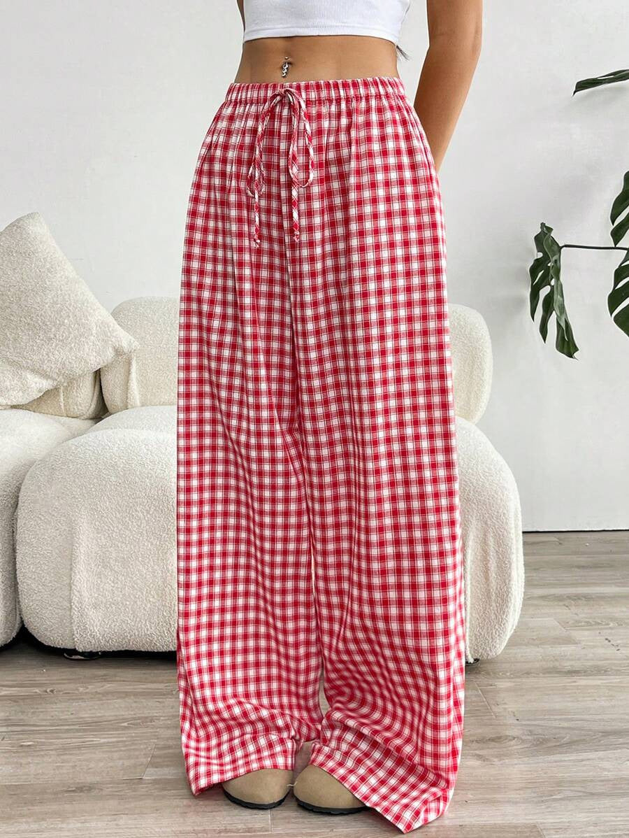 Damen weite Vichy-Hose mit elastischem Bund und Kordelzug EB