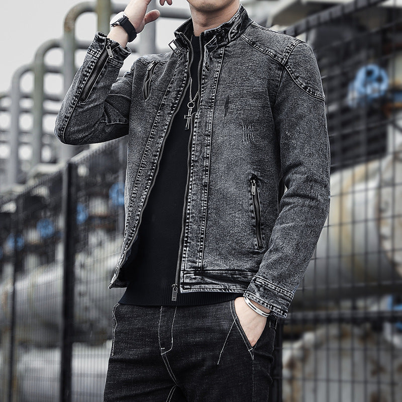 Herren Denim-Utility-Blouson mit hochschließendem Stehkragen und Zipper-Taschen EB