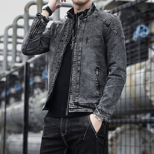 Herren Denim-Utility-Blouson mit hochschließendem Stehkragen und Zipper-Taschen EB