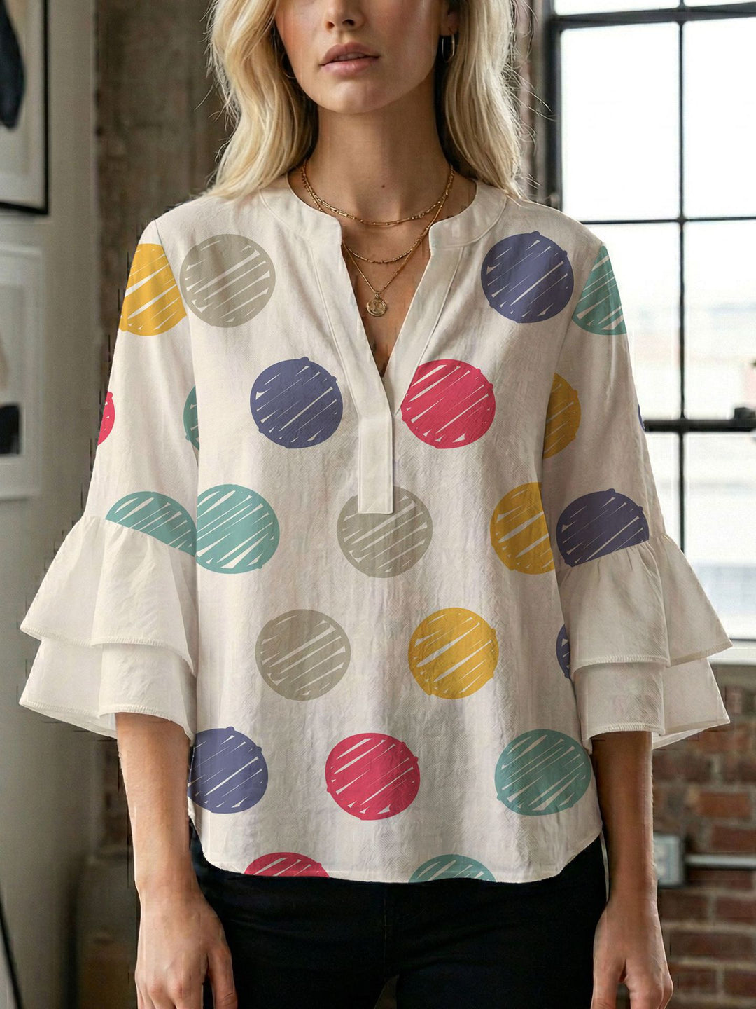 Damen Bluse mit voluminösen Flügelärmel und intensivem Blattmuster EB