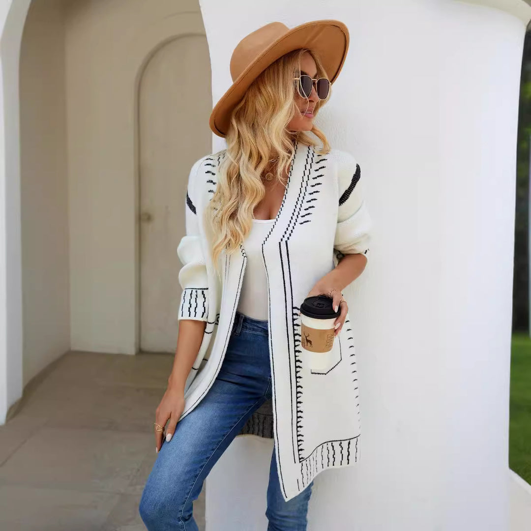 Damen Langarm Cardigan mit grafischem Design und praktischen Taschen EB