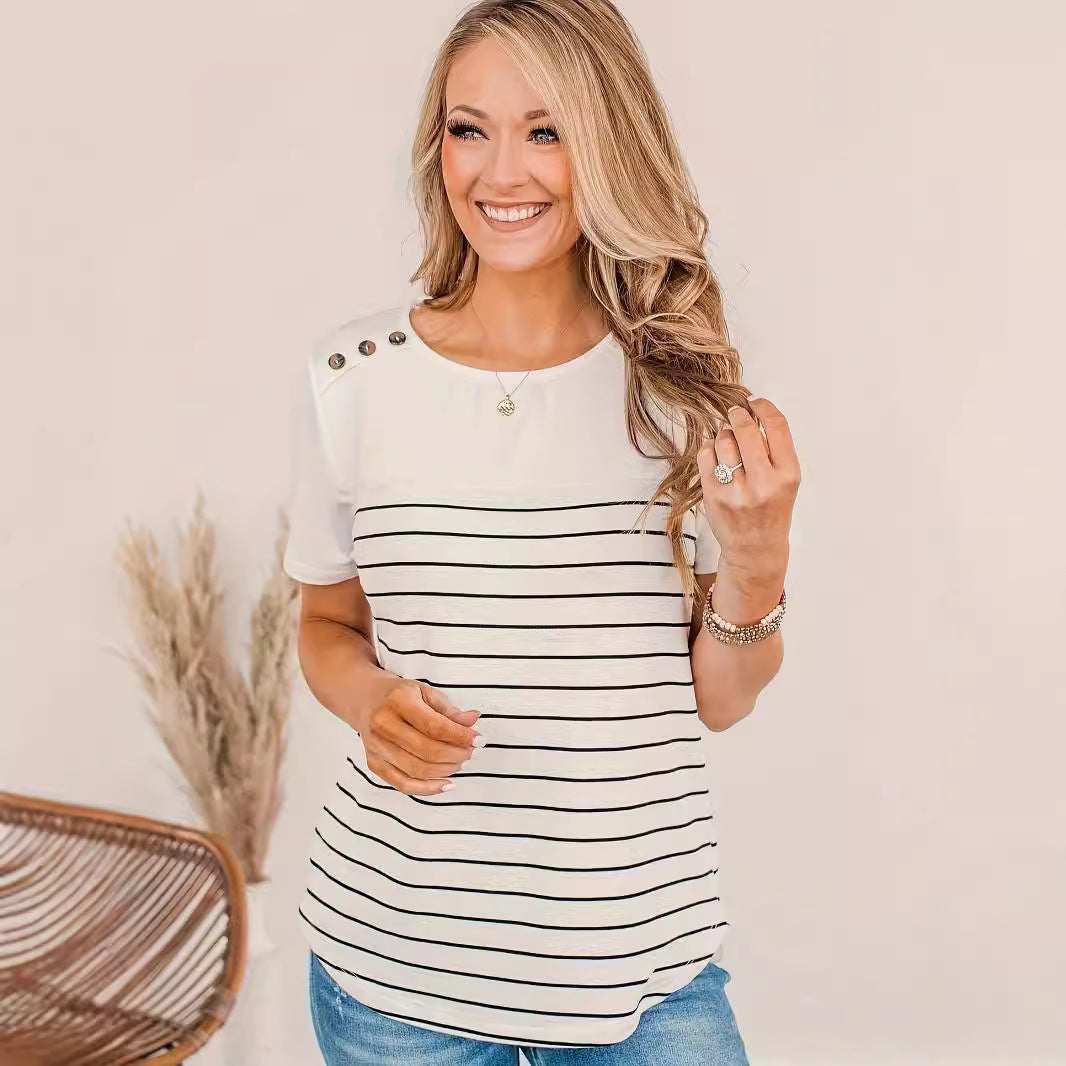 Damen Modisches Streifenshirt mit dekorativen Knopfdetails EB