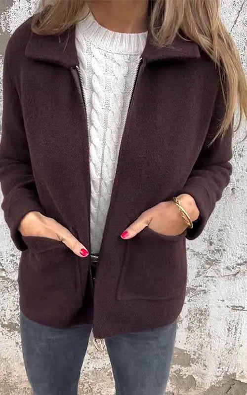 Damen modische Fleecejacke mit praktischen Taschen und elegantem Kragen EB