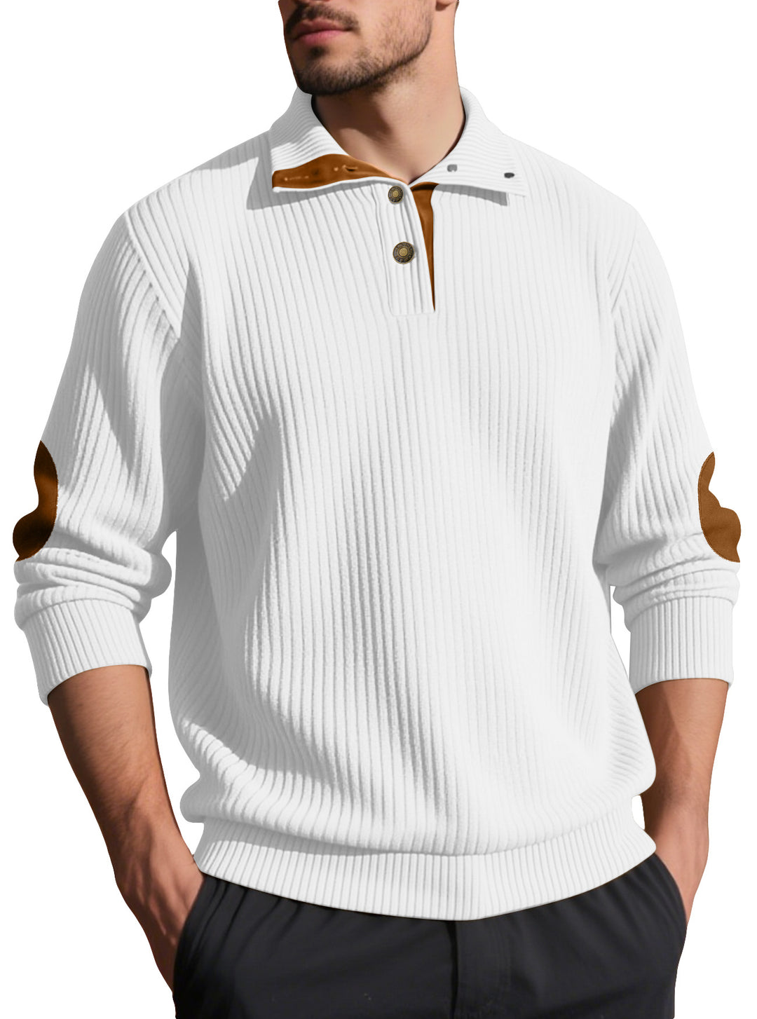 Herren nan Rippstrick-Halbknopf-Pullover mit Kentkragen und Lederbesatz EB
