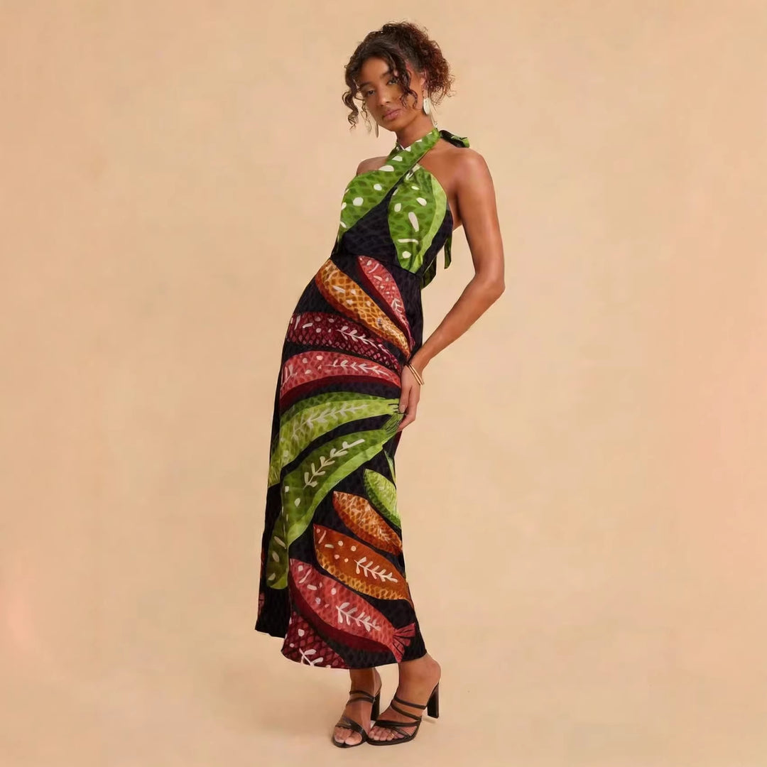 Damen Halterneck Maxikleid mit buntem Blattdesign und schwingendem Schnitt R&B