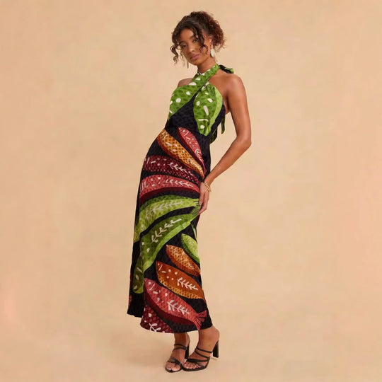 Damen Halterneck Maxikleid mit buntem Blattdesign und schwingendem Schnitt R&B