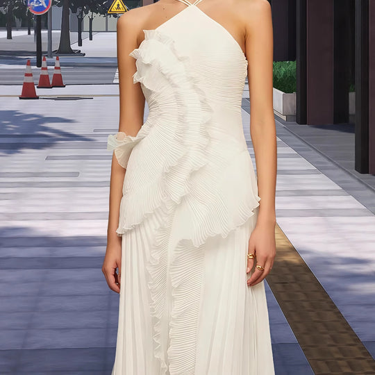 Damen Elegantes Wickelkleid mit plissierten Rüschen und asymmetrischem Saum EB