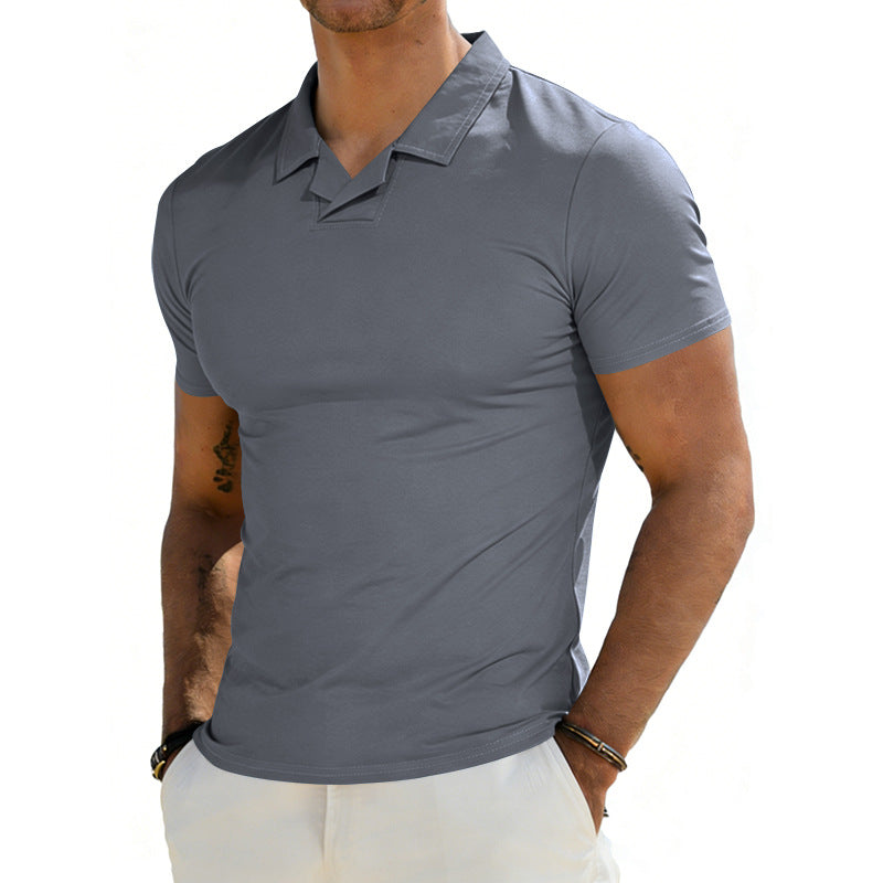 Herren nan schmal geschnittenes Kurzarm-Polo mit offenem Hemdkragen und elastischem Baumwollstretch EB