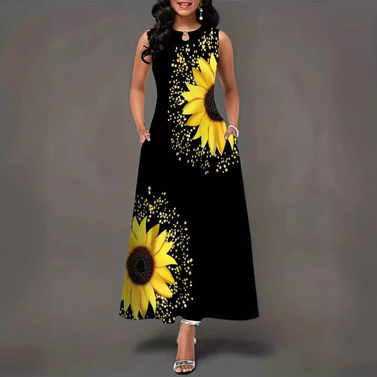 Damen Maxikleid mit floralem Sonnenblumenmuster und raffinierten Taschen EB