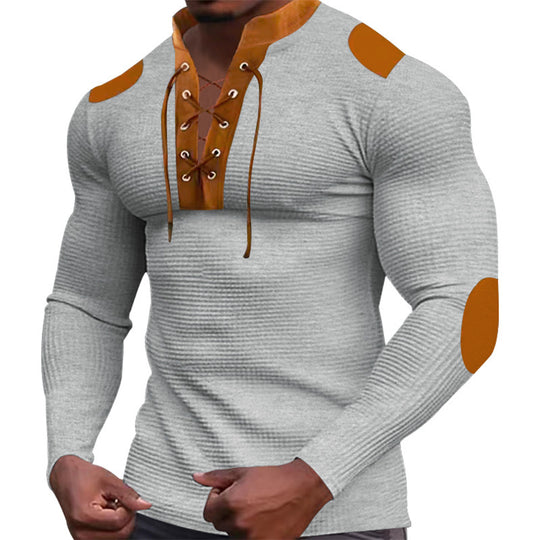 Herren Langarm-Henley-Shirt mit strukturiertem Gewebe und modischem Schnürdesign EB