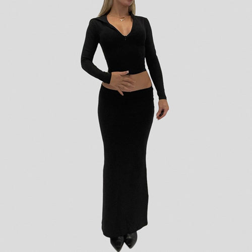 Damen Langarm Maxikleid mit elegantem Reißverschluss-Ausschnitt und figurbetontem Schnitt EB