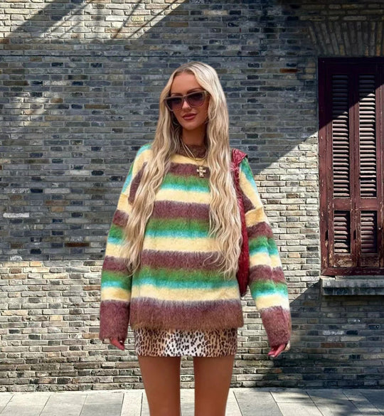 Damen Trendiger Pullover mit buntem Streifenmuster und lässigem Schnitt EB