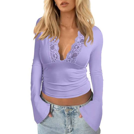 Damen Wickeloberteil mit Spitze und weitem Ärmel EB