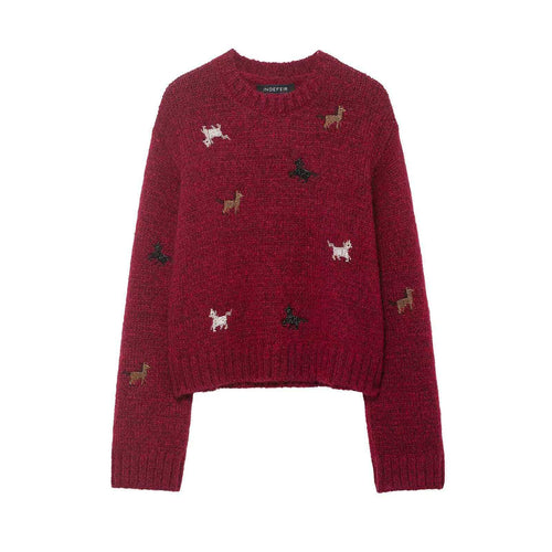 Damen nan kurzgeschnittener Grobstrick-Pullover mit Hundemotiv, Rundhalsausschnitt und elastischem Rippbund EB