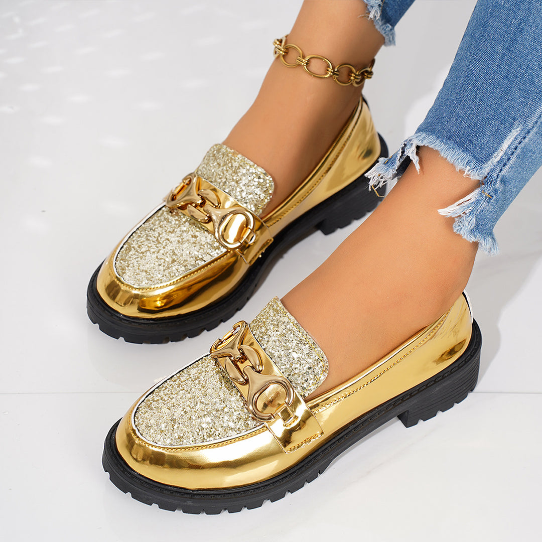 Damen Modische Loafer mit Glitzerdetail und metallischem Akzent EB