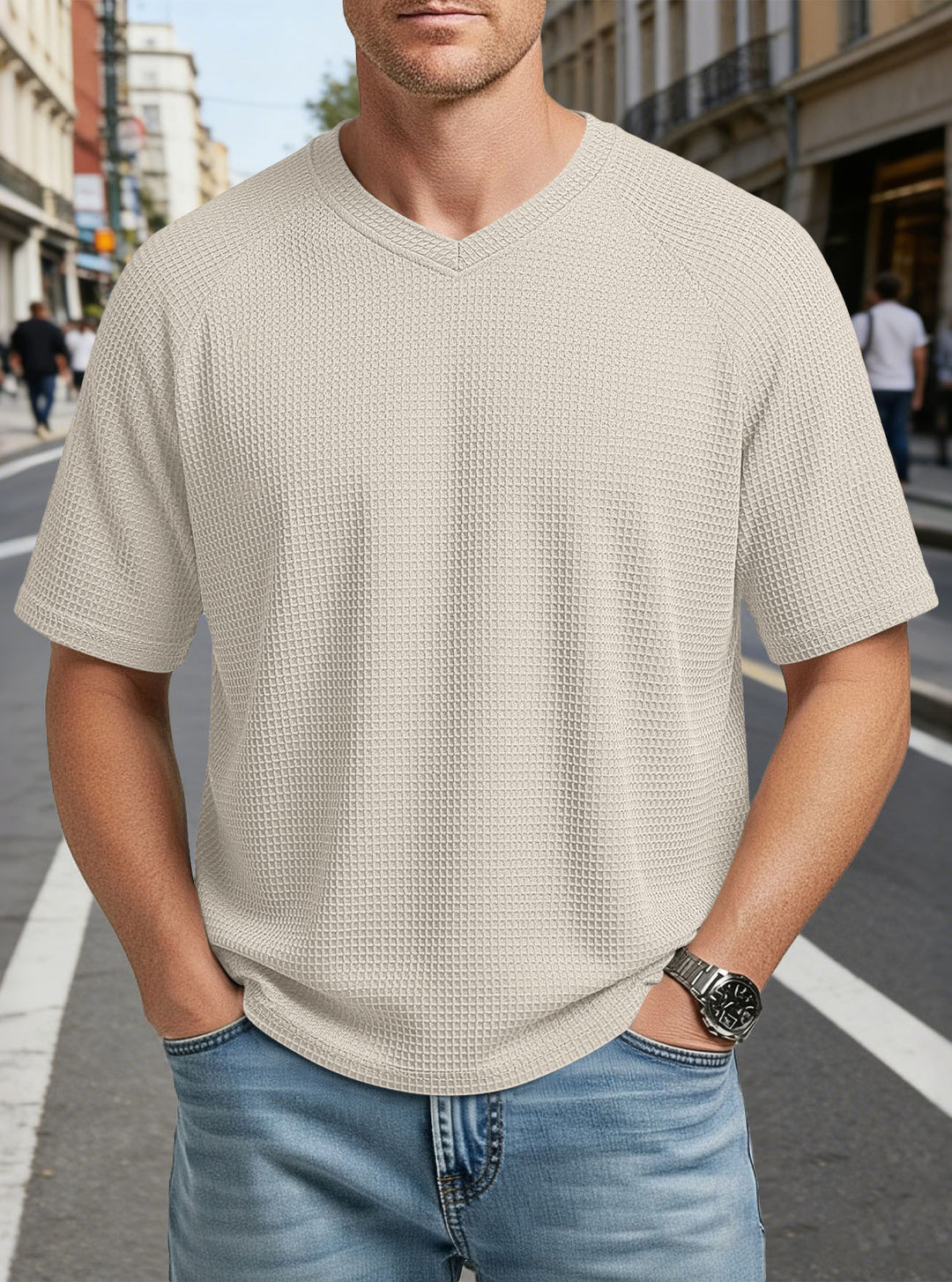 Herren nan lässiges V-Ausschnitt Waffelstrick-T-Shirt aus atmungsaktivem Baumwollmix EB