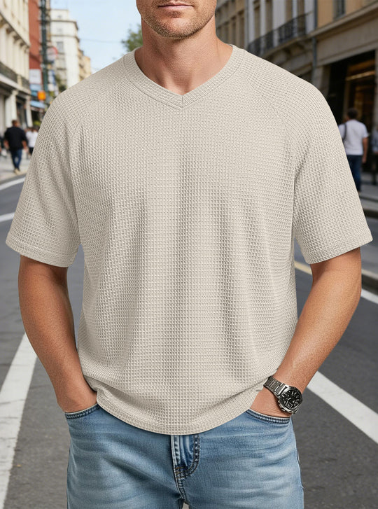 Herren nan lässiges V-Ausschnitt Waffelstrick-T-Shirt aus atmungsaktivem Baumwollmix EB