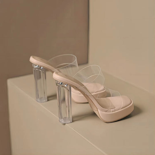 Damen Transparente High Heels mit klarem Absatz und eleganten Riemen EB