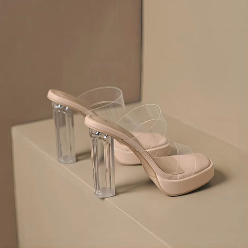 Damen Transparente High Heels mit klarem Absatz und eleganten Riemen EB