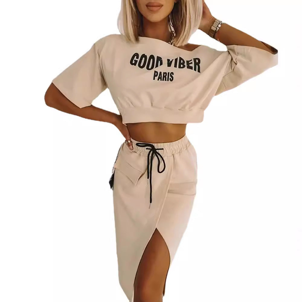 Damen lässiges Crop-Top und Rock Set mit seitlichem Schlitz EB