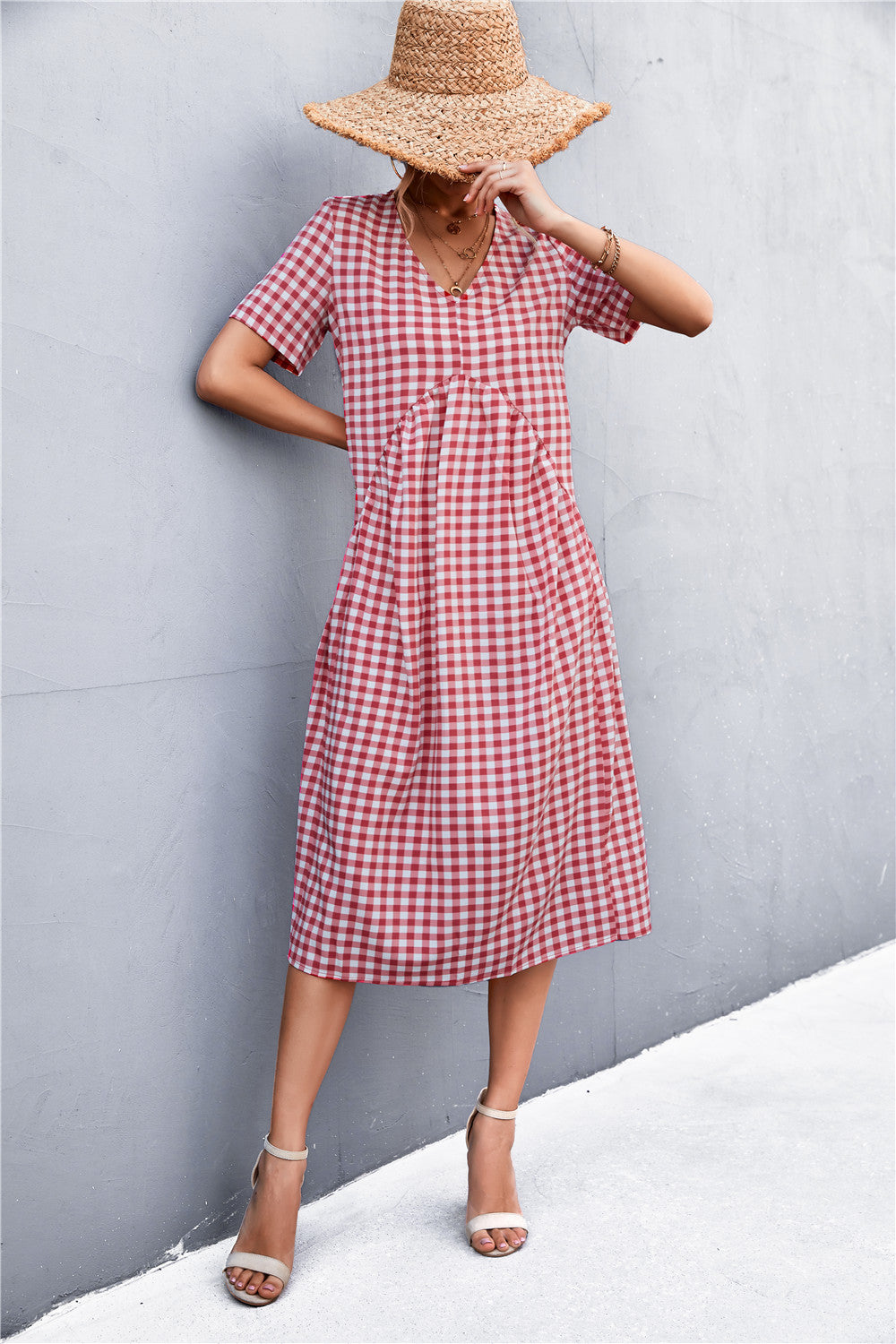 Damen V-Ausschnitt Midikleid mit kariertem Design und ausgestelltem Rock EB