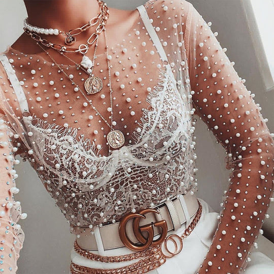 Damen glitzerndes Langarm-Top mit Strassverzierungen EB