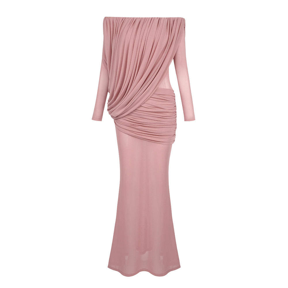 Damen Langarm Maxikleid mit Drapier-Design und schulterfreiem Ausschnitt EB