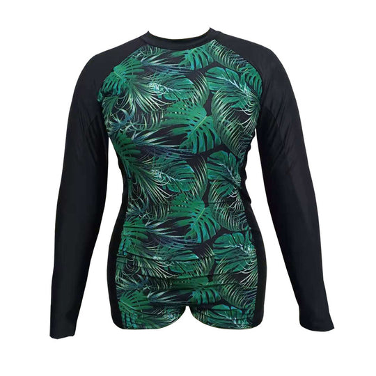 Damen Langarm Rashguard mit tropischem Blätterdesign EB