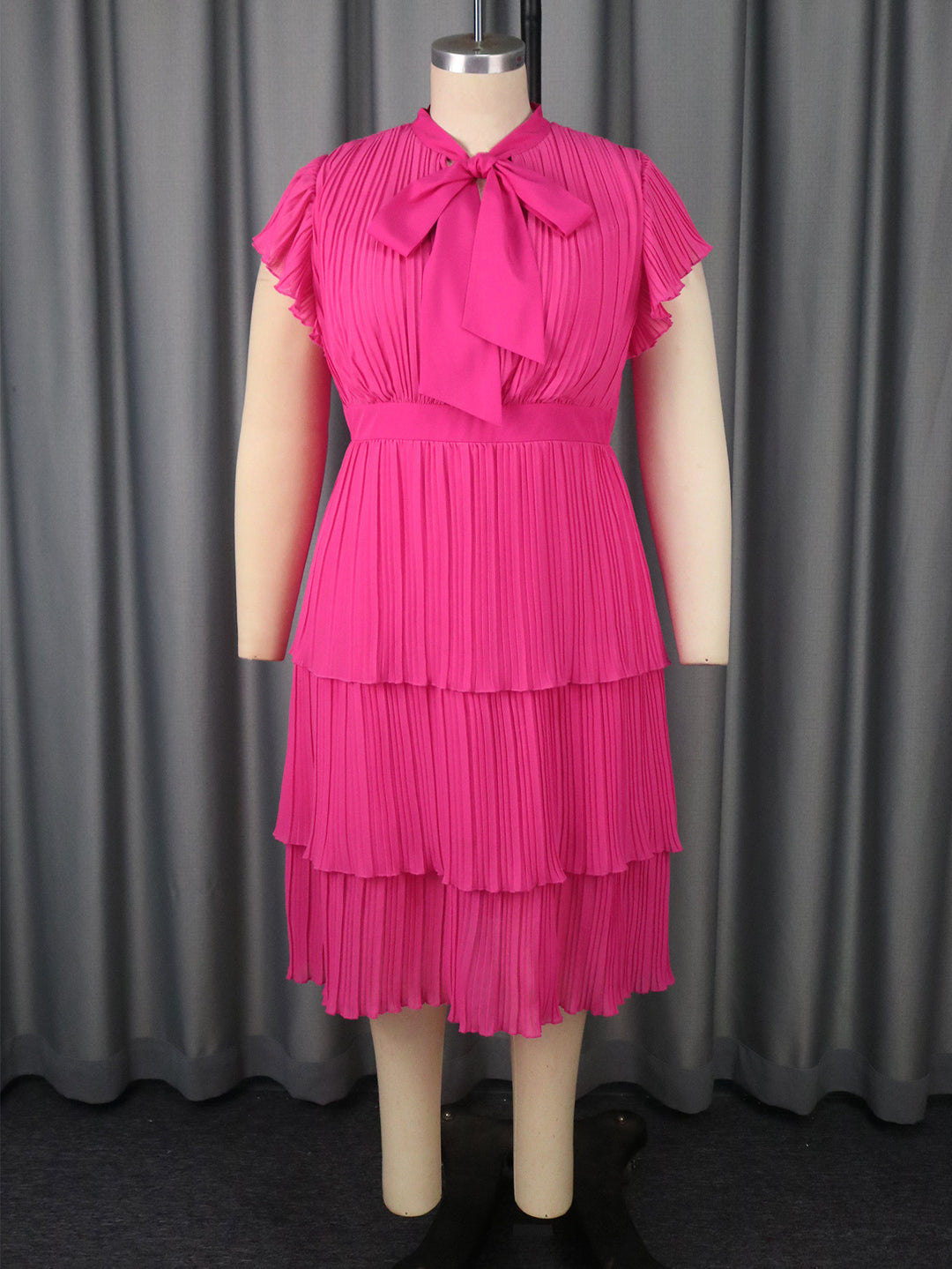 Damen plissiertes Midi-Kleid mit Schleifenakzent EB