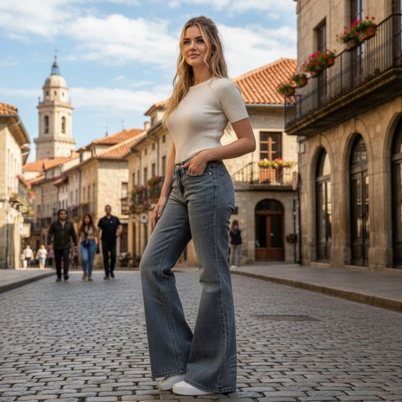 Damen Flared Jeans mit hohem Taillenbund und eleganter Waschung EB