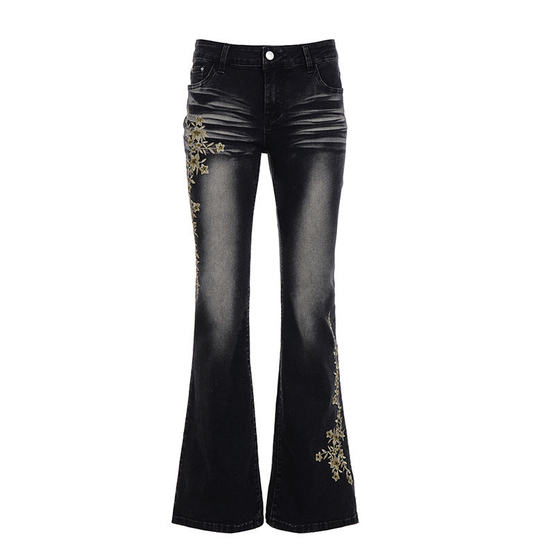 Damen Flared Jeans mit eleganter Blumenstickerei EB