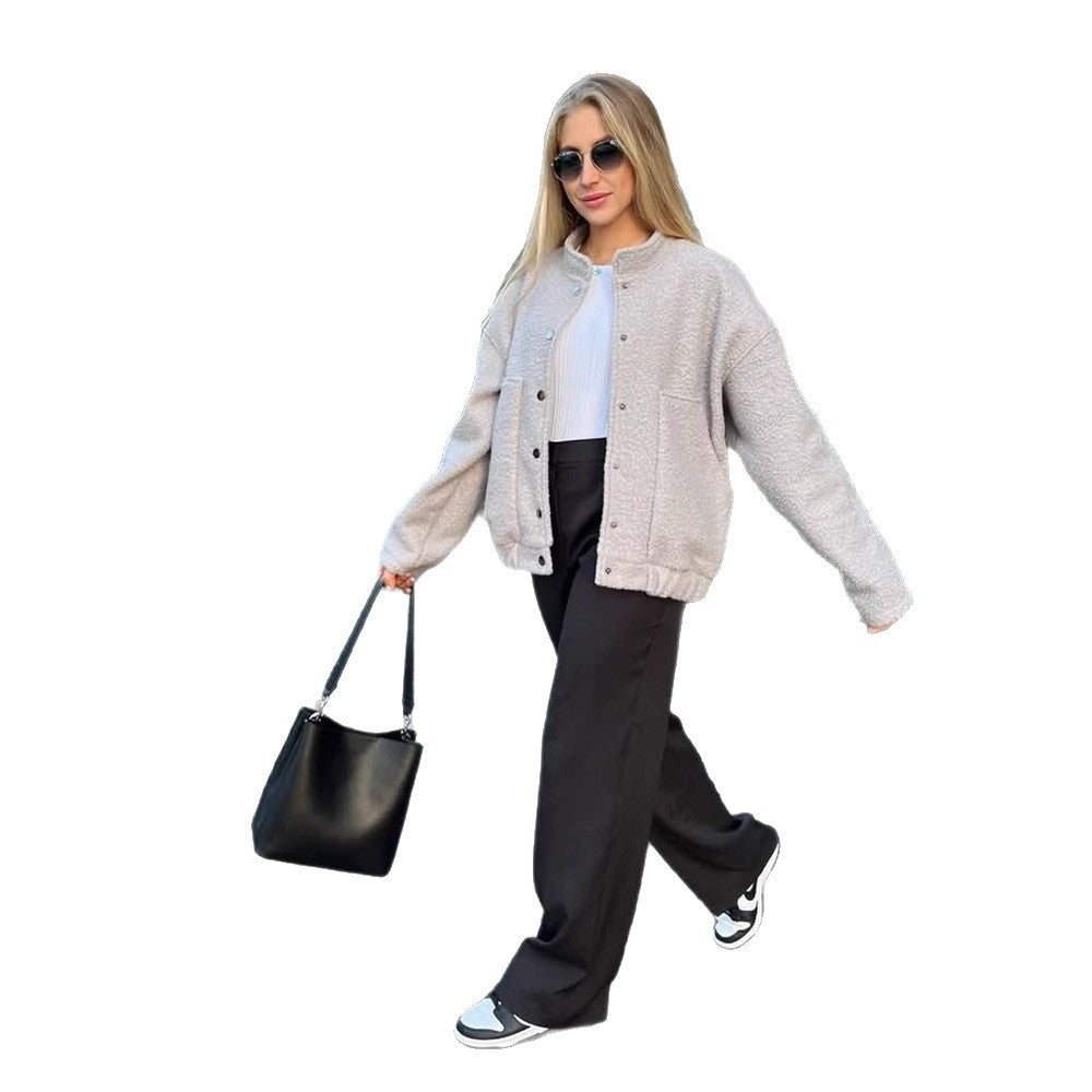 Damen Oversized Fleecejacke mit Druckknöpfen und praktischen Taschen EB