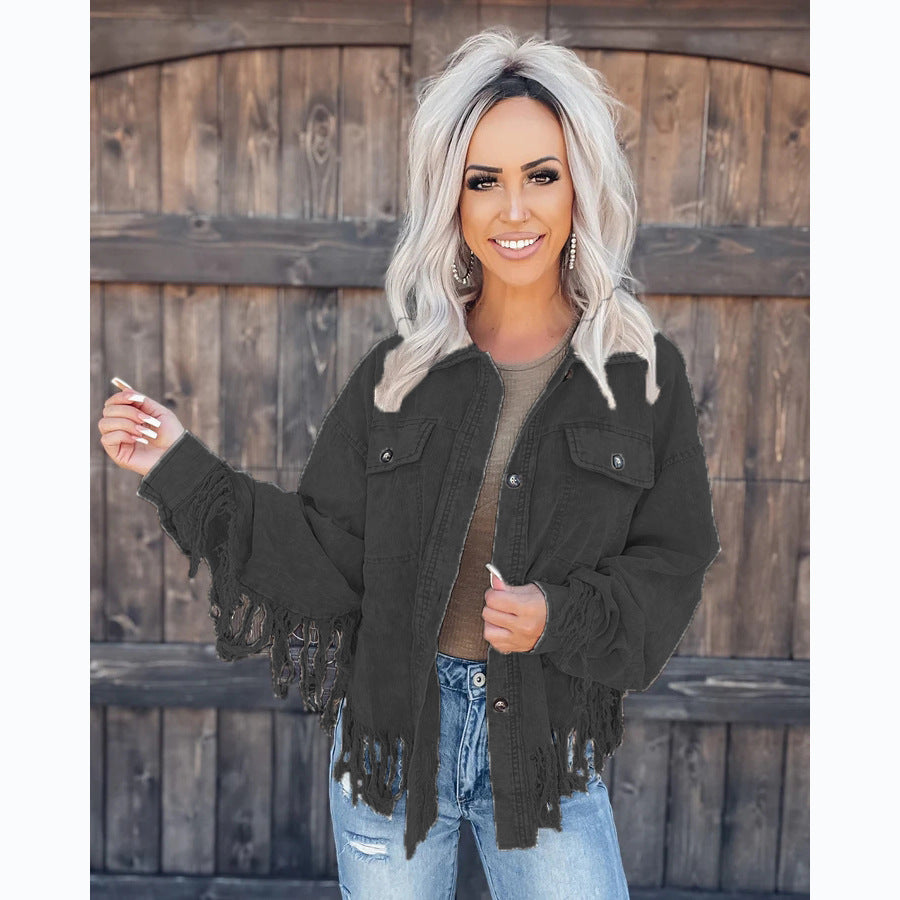 Damen Fransen-Jacke aus Denim im lässigen Oversize-Schnitt EB