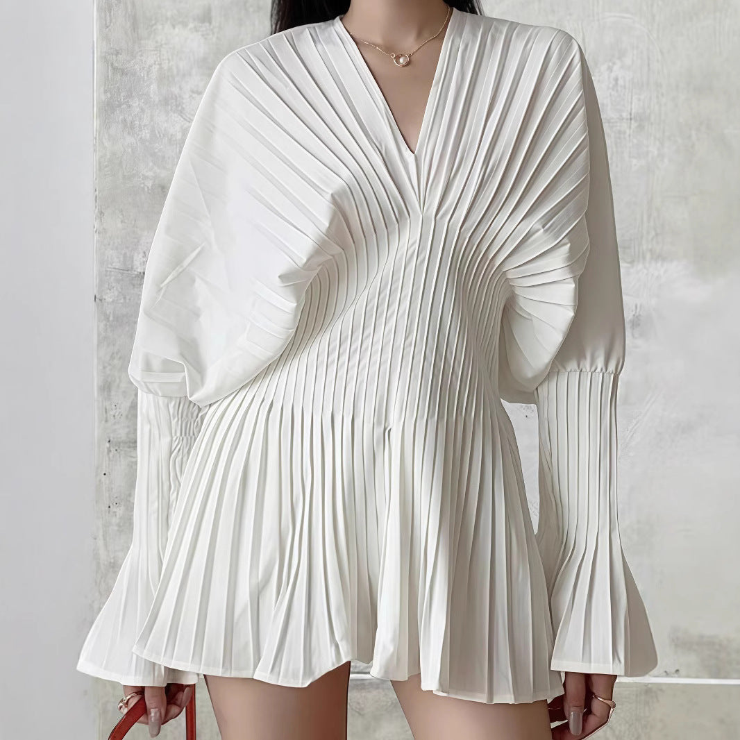 Damen Plissiertes Kleid mit tiefem V-Ausschnitt und weitem Ärmel EB