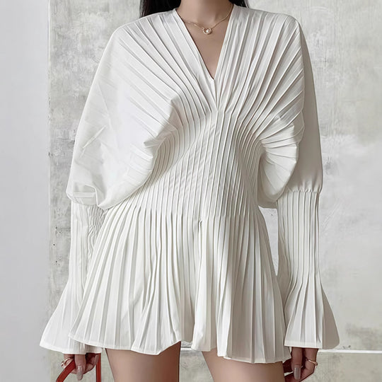 Damen Plissiertes Kleid mit tiefem V-Ausschnitt und weitem Ärmel EB