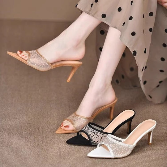 Damen elegante High Heel Mules mit funkelnden Strassverzierungen EB