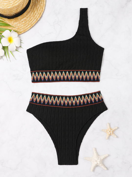 Damen Einseitiger Crop-Bikini mit buntem Jacquardband EB