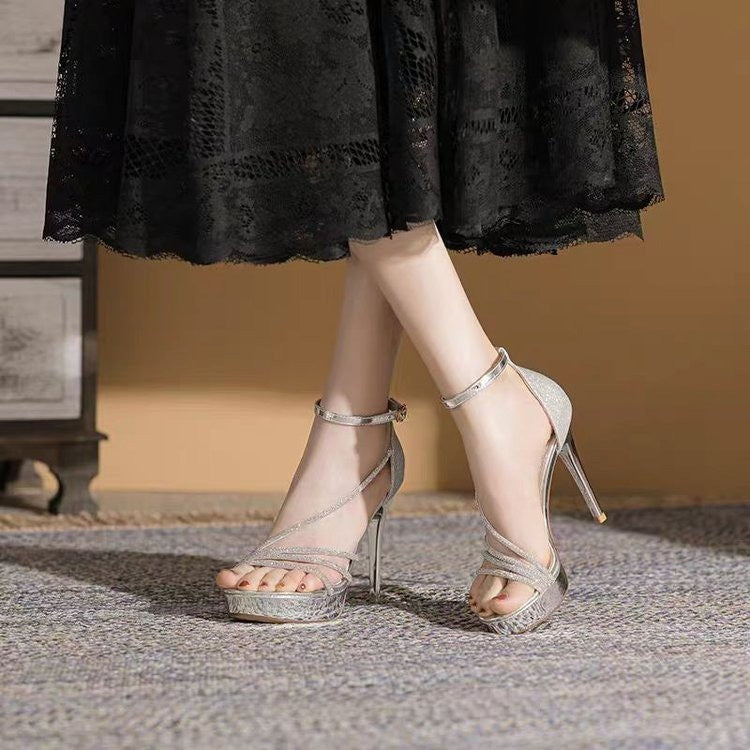 Damen Glamouröse High Heels mit glitzerndem Obermaterial und elegantem Riemchen-Design EB