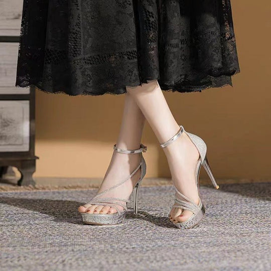 Damen Glamouröse High Heels mit glitzerndem Obermaterial und elegantem Riemchen-Design EB