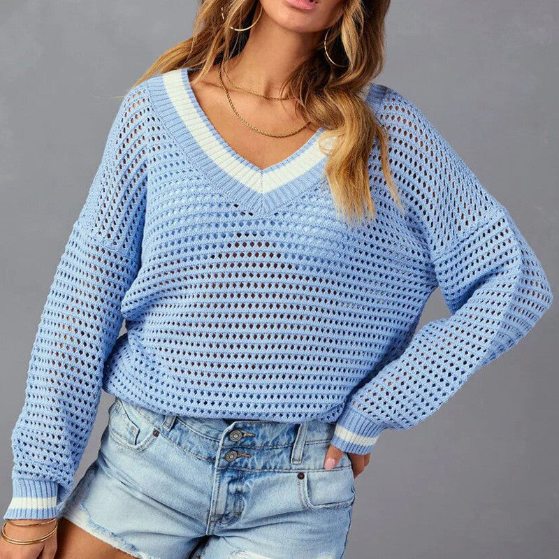 Damen Netzpullover im lässigen Oversized-Stil mit V-Ausschnitt und Rippenbündchen EB