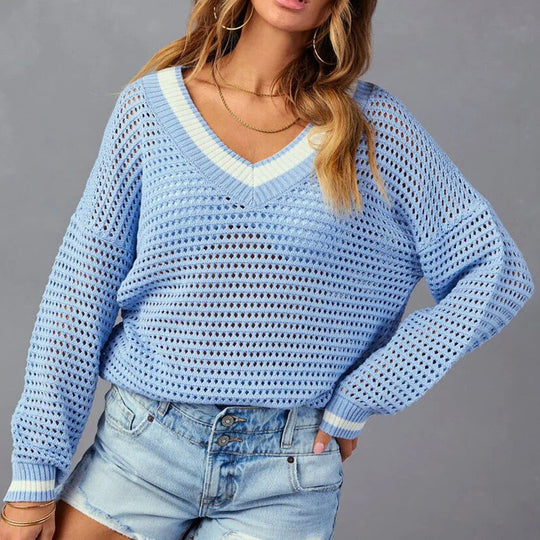 Damen Netzpullover im lässigen Oversized-Stil mit V-Ausschnitt und Rippenbündchen EB