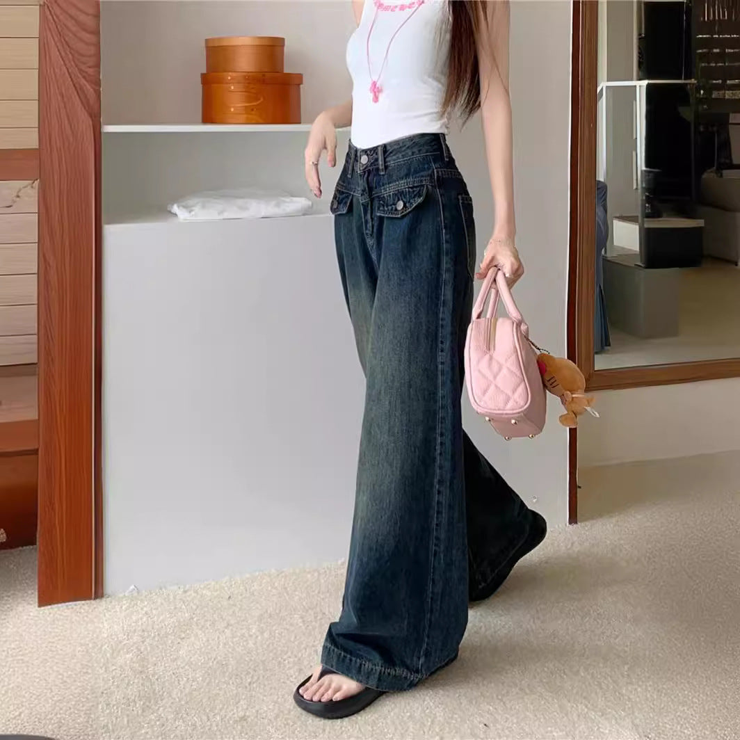 Damen Weit geschnittene Denim-Hose mit hohen Taschen und modischem Schnitt EB