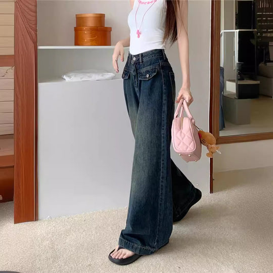 Damen Weit geschnittene Denim-Hose mit hohen Taschen und modischem Schnitt EB